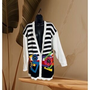 Vintage Outlander Cotton Knit‎ Cardigan Striped Abstract Graphic Studs Buttons
